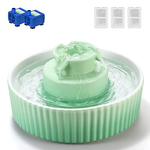 Ceramic Cat Water Fountain, 2.1L/71oz Cupcake Cat Fountain for Dog and Cat Indoor, 2 Ultra Quiet Pumps (Green)