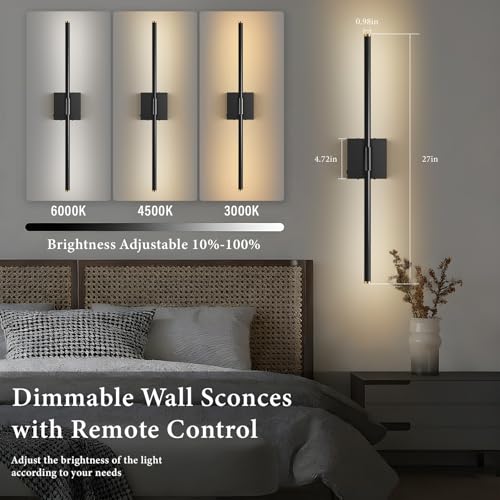 Image of SAIMAND Wall Sconces Set of 2 Battery Operated, Wireless USB 8000mAh Rechargeable Wall Lights with Remote Control,3000K-6000K LED Dimmable Decor Lamp for Living Room,Bedroom,Hallway (27in Black)