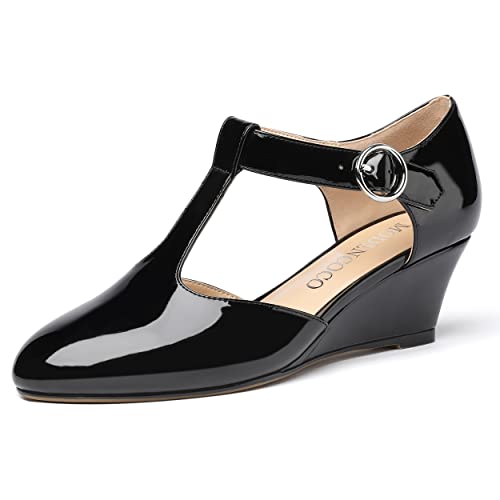 MODENCOCO Women's T Strap Patent Buckle Party Round Toe Fashion Wedge Low Heel Pumps Dress Shoes 2 Inch
