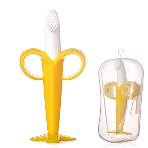 Cepillo de dientes de bebé y plátano, cepillo de dientes de silicona seguro para bebés con funda de almacenamiento para edades de 3 meses en adelante Cover