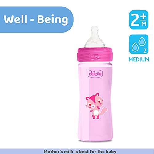 Image of Chicco Well-Being 250ml Baby Coloured Feeding Bottle, Advanced Anti-Colic System, BPA Free, Hygienic Silicone Teat, Milk Bottle for Babies & Toddlers (Pink)