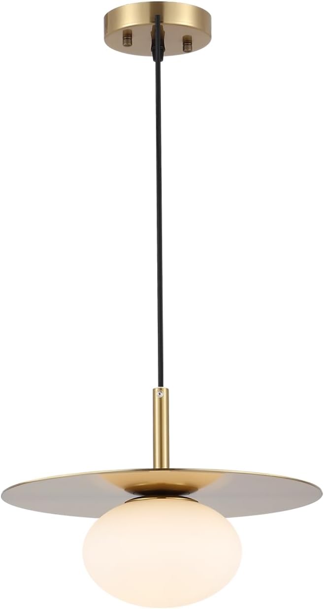 Iluminación colgante de globo moderno, pantalla de vidrio blanco lechoso, lámpara colgante de granja dorada de latón de 11.81 pulgadas, cúpula