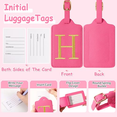 Image of Initial Luggage Tags for Suitcases, Cute Embroidered Letter Luggage Bag Suitcase Identifier Name Baggage Tag, PU Leather Travel Luggage Tags, Bag Tags for Men Women Kids Luggage Handbags(Rosered H)