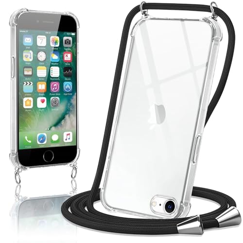 Micnkifo Handyband Hülle mit Band für iPhone SE 2020/SE 2022/7/8 Necklace Handyhülle mit Kordel Schutzhülle für zum Umhängen Transparent TPU Case Stoßfest Kratzfest Silikon Cover mit Kette Schwarz
