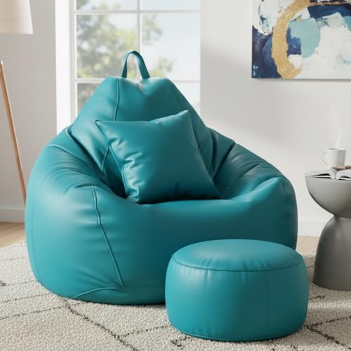 Image of KAM'S LIEU Leatherette Bean Bag Chair with Footrest | Filled with EPS Beans | Comfortable Sofa for Living Room & Bedroom | 4XL Size, Easy to Clean Color- (Aqua)