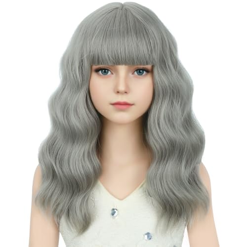 Image of Girls Gray Wig with Air Bangs Kids Short Gray Wavy Curly Wigs Children Synthetic Cosplay Hair for Halloween