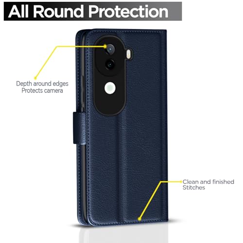 Image of Pikkme Flip Cover Leather Finish | Inside TPU with Card Pockets | Wallet Stand and Shock Proof | Complete Protection Button Flip Case for Vivo V40e 5G / iQOO Z9s 5G(Blue)