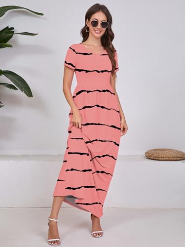 Image of DEARCASE Maxi Dress for Women Short Sleeve Casual Summer Loose Plain Comfy Long Dresses with Pockets