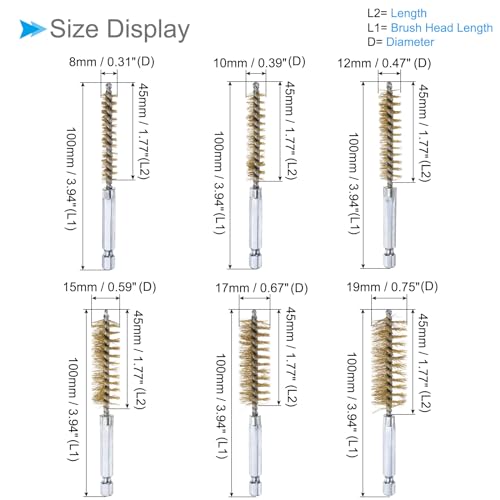 Image of Bore Brushes Set, 8mm 10mm 12mm 15mm 17mm 19mm Dia, Brass Twisted Cleaning Wire Brushes with 1 /4 Inch Hex Shank - (Applications: for Power Drill), 6-Pieces