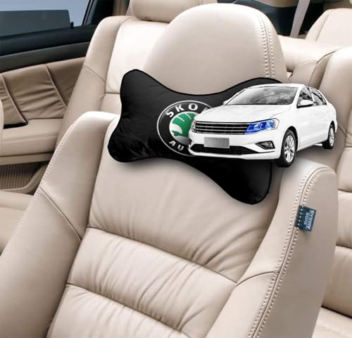 Image of Car Company Logo Neck Headrest Pillow Compatible with All Skoda Model Pain Relief, Cervical Neck Support Pillow, 22 x 16 cm, 2 Pieces, Black