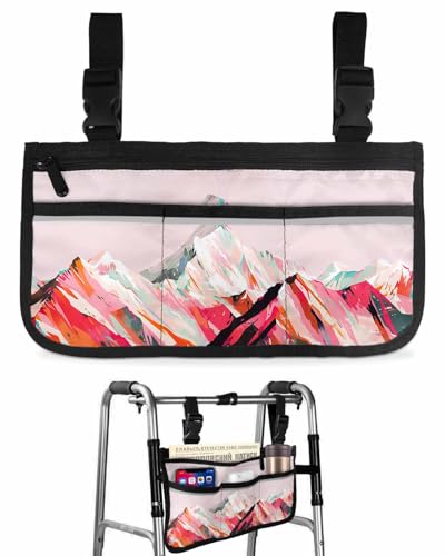 Abstract Red Wheelchair Bag with Cup Holder Walker Bag Reflective Stripes for Seniors Wheel Chair Accessories for Adults Modern Oil Painting Style Colorful Snowy Mountains Wheelchair Side Bag