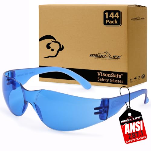 Image of BISON LIFE Blue Safety Glasses for Men & Women, Bulk, ANSI Z87.1, 144 Pack