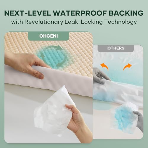 OhGeni 100% Waterproof Mattress Protector, Queen Size Mattress Pad, Fits 6"-20" Mattresses with Deep Pocket, Cooling, Breathable Fitted Sheets, Soft Bed Cover, Noiseless, Machine Washable, Beige