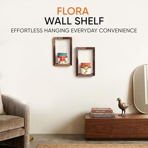 Image of AAKRITI ART CREATIONS Flora Wall Decor Frames with Handpainted Ceramic Pots Set of 2 | Floral Art, Matte Finish | Wooden & Ceramic Wall Shelf Decor for Home