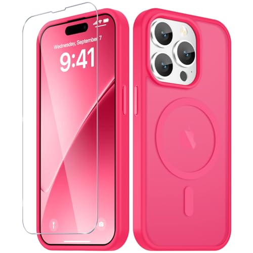 Image of YENAPOON for iPhone 14 Pro Case, Matte Magnetic Phone Cover [with 1 Screen Protector] [Support for MagSafe] [Shockproof Military Grade Protection] Translucent Frosted Back, Hot Pink