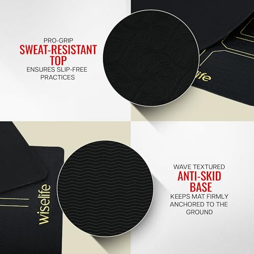 Image of Wiselife True Alignment Yoga Mat + Sleek Yoga Strap For Men And Women | Probalance Eco-TPE Material 6MM | Extra Thick Extra Long Extra Wide | Charcoal Black