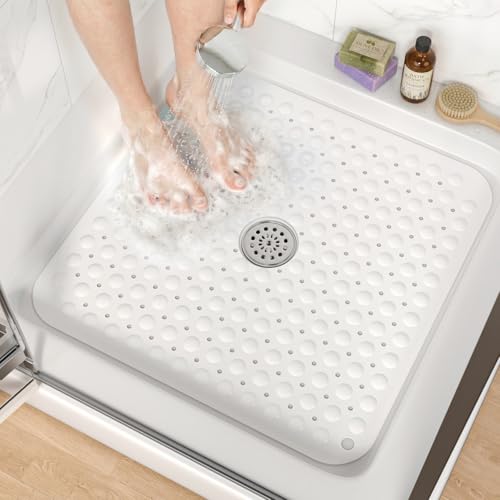 Image of HITSLAM Shower Bathtub Mat Non Slip, 24 inchx 24 inch Bath Mat for Tub, Soft PVC Shower Mats for Inside Shower with Suction Cups and Center Drain Hole, Machine Washable Bathroom Floor Mat, White