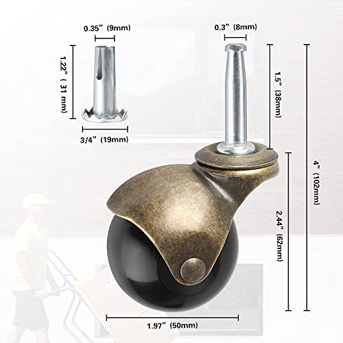 Apllamo APLLAMO04 2 Inch Ball Caster Wheels, Casters Set Of 4 Brass Vintage Antique Casters 5/16 Inch X 1 1/2 Inch (8 X 38Mm) Wheels Pole With Sleeve For Furniture thumb #4