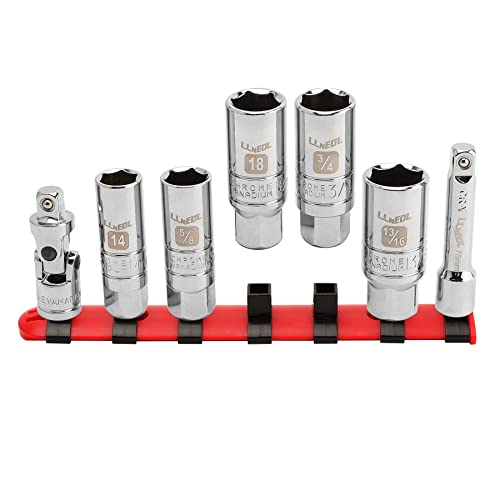 LLNEDL Spark Plug Socket Set 3/8-Inch Drive Spark Plug Sockets Cr-V 7-Piece 6-Point SAE&Metric(5/8 3/4 13/16 14mm 18mm Universal Joint Extension Bar) Thin-Wall Spark Plug Removal Tool for Car