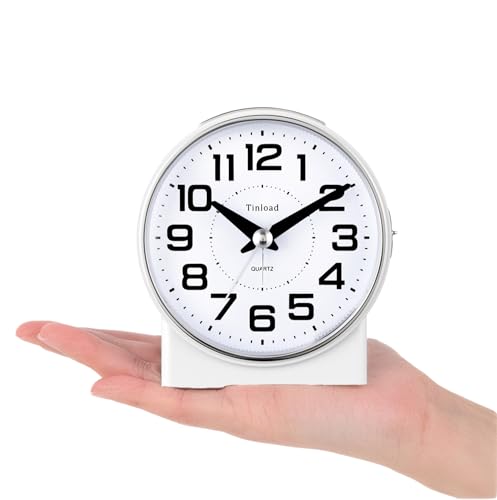 Image of Tinload 4.3 inch No Ticking Analog Alarm Clock,Silent Readable for Seniors,Easy to Set,Gradual Rise Alarm,Big Numbers,On /Off Switch on Side,Gentle Wake,Snooze,Lighted on Demand,Battery Operated,White