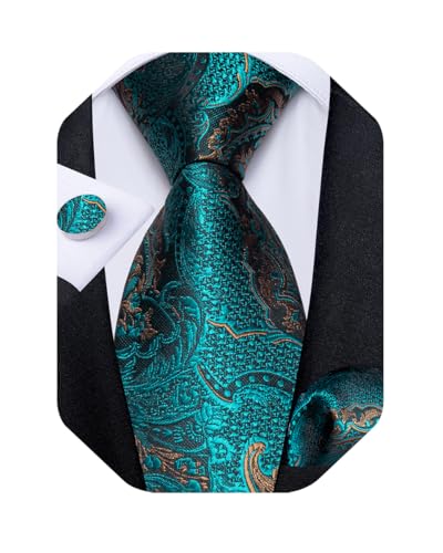 Image of DiBanGu Extra Long Tie for Men Silk 63 inch XL Necktie and Pocket Suqare Cufflinks Set Mens Big and Tall Tie Wedding Party Teal