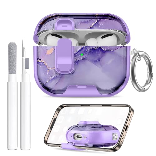 Image of Compatible Airpods Pro 3 Case (2025) with Phone Stand & Cleaner Kit,Print Soft Silicone Lock Clip Apple AirPods Pro 3rd Generation Case, Airpod Pro 3 Cover with Keychain for Women /Girls,Purple Marble
