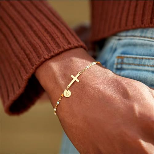 Cross Bracelet for Women Dainty Colorful Beaded Initial Bracelets for Women Teen Trendy Gold Christian Religious Baptism Jewelry Gifts Easter Basket Stuffer4