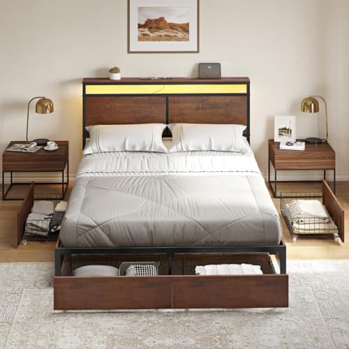 Reviews de Base de Cama Queen al mejor precio. 49 FABATO Base Cama Queen Size - Cabecera Queen Size con Luces Led Estación de Carga Puerto USB/Tipo-C con Cajones de Almacenamiento - Plataforma de Metal, Antideslizante, sin Ruido...