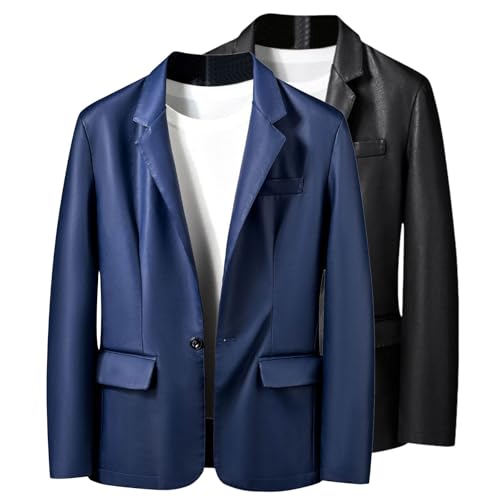 Men's Casual Notched Collar Blazers One Button Slim Fit Moto Faux Leather Blazer Coat Long Sleeve Sport Suit Jacket