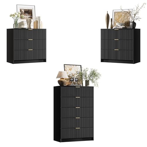 Image of Furniway Black Dresser Bedroom Set 3 Pieces, Nightstands Sets of 2, 5 Drawer Dresser with Gold Handles for Bedroom