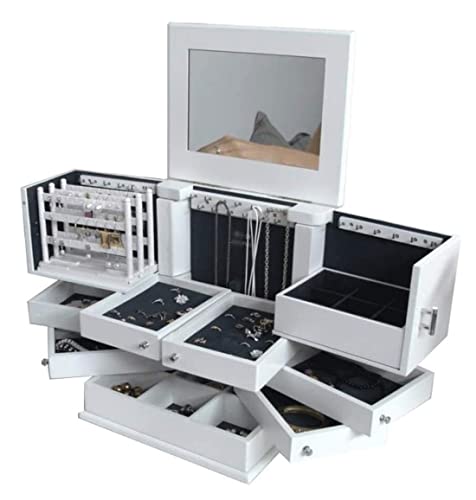 FENOKD Jewelry Case Display Wooden Jewelry Box with Mirror Lid 5-Layer Jewelry Organizer Box Extra Large Capacity Jewelry Armoire Ring Necklacel Jewelry Organizer