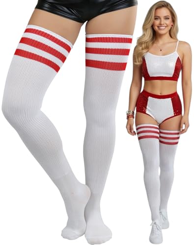 Image of ToBeInStyle Women's Heavyweight Knit Thigh High Long Socks w /Contrast 3 Stripe Top Band