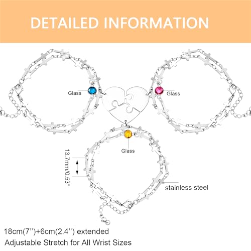 Image of 3 Heart-shaped Jigsaw Family Friendship Bracelets - Double Stainless Steel Cross Chain Birth Stone Charm Layered Heart Bracelets for Female Friendship Personalized Custom Jewelry