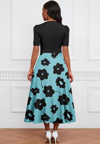 Image of MarryUP Women's Midi Dresses - V Neck Cocktail & Church Tea Dresses - Short Sleeve A-Line Swing Dress