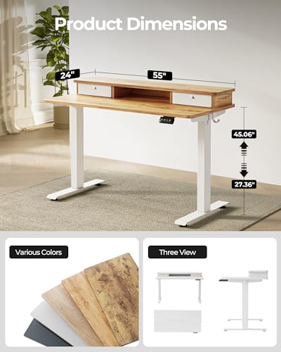 Image of FEZIBO 55 x 24 Inch Height Adjustable Electric Standing Desk with Double Drawer, Stand up Desk, Home Office Computer Workstation with 4 Height-Adjustable Feets & 2 Hooks, Light Rustic