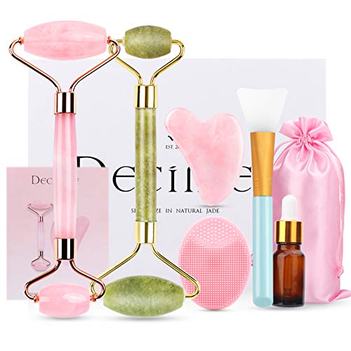 Deciniee Jade Roller for Face,Gua Sha Massage Tool,Rose Quartz Jade Roller and Gua Sha 6 in 1 Face Massager Women Gift Set,Anti-Aging Authentic Facial Beauty Roller-Rejuvenate Skin and Remove Wrinkles