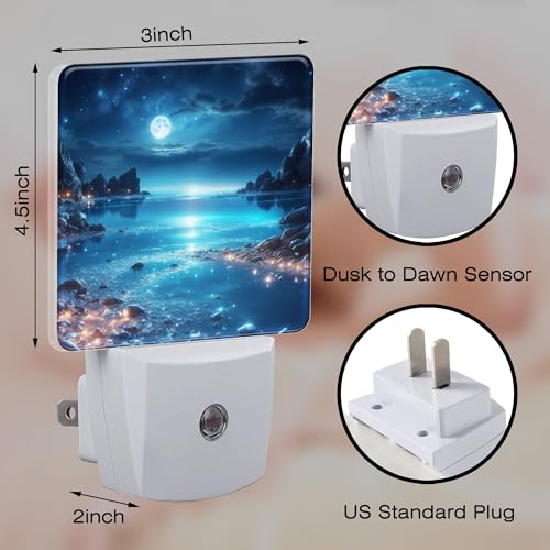Image of Full Moon and Sparkling Lake Night Light Plug into Wall, Magical Beach Dusk to Dawn Night Light, 0.5w Energy Saving Sleep Friendly Nightlights for Kids Boys Girls Home Decor