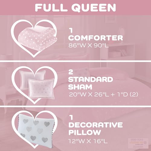 Image of Intelligent Design Queen Comforter Set, 4 Piece Metallic Hearts Cozy Bedroom Set for Girls, Queen Bed Set Soft & Plush Comforter, All Season Fluffy Bedding Set, Rosalie, Full /Queen, Pink Silver