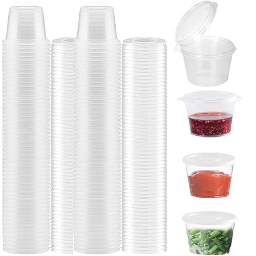DILUSILK 50 sets Sauce Pots with Lids,Sauce Pots Reusable Jelly Shot Cups Clear Small Deli Pot Restaurants Takeaways Containers Reusable Jelly Shot Cups Plastic Leakproof Food Cups