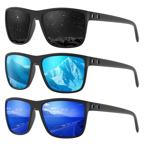 Fanshen Polarized Sports Sunglasses for Men, UV Protection Lightweight Sun Glasses for Driving Fishing Golf Cycling ((3 Pack) Black&Ice Blue&Blue)