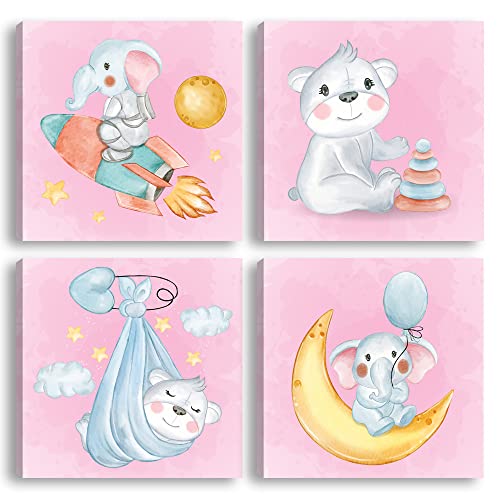 Peintures modernes chambre enfants animaux aquarelle 4 pièces 30 x 30 cm cad. Impression sur toile ameublement art décor pour chambre enfant mâle et femelle (rose) Cover