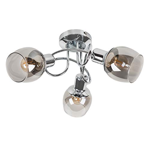 MiniSun | Modern 3 Way Silver Chrome Swirl Arm Twist Design Ceiling Light with Smoked Glass Shades - Complete with 4w LED Filament Clear Golfball Bulbs | Ceiling Lights & Home Essential | Mains Wired