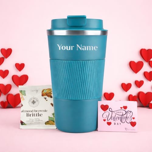 Image of Giftana Personalized Coffee Tumbler 510ml, Brownie Brittle, Valentines Day Card Gift Set for Men & Women, Valentine's Day Gifts for Girlfriend Boyfriend, Valentine Gift for Husband Wife Her Him- Blue