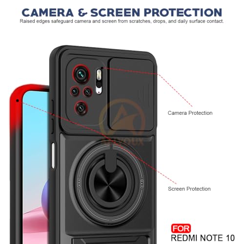 Image of Redmi Note 10 / 10S / 11 SE 5G Back Cover | Armor Camera Slider 360 Degree Rotating Finger Ring Holder Case with Bracket Stand Back Case Cover (Compatible with MagSafe Accessories) (Black)
