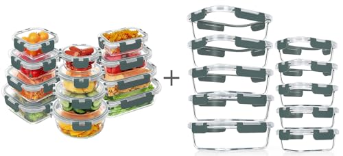 Image of VERONES 12 Packs and 10 Packs Glass Food Storage Containers Set, for Microwave, Oven, Freezer & Dishwasher Friendly