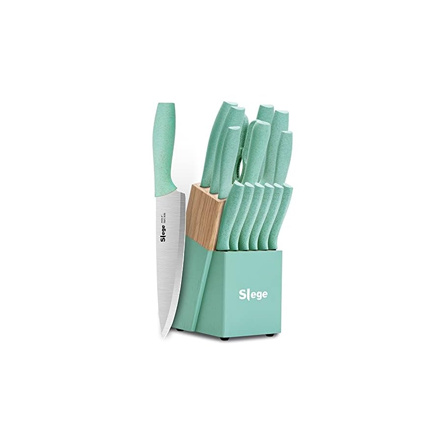 Slege 15pcs Kitchen Knife Set with Block, Sharpener and Scissor, Stainless Steel Knives with Extre-light Straw Handle