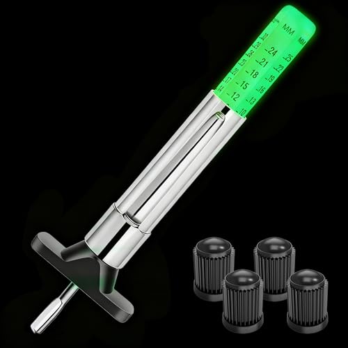 GODESON Glow in The Dark Tyre Tread Depth Gauge UK 6-Sided Color-Coded Dual Scale Tyre Depth Gauge UK (25MM/32nds) with 4 Caps for Car Truck Motorcycle