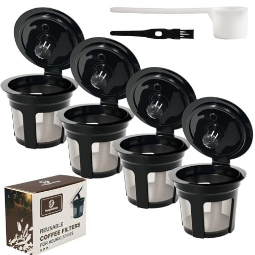4-Pack Roogaluckeep Reusable K Cup for Keurig, Black BPA Free Refillable K-Cup Pod Coffee Filters, Universal Fit Refillable Coffee Filters for 1.0 and 2.0 Keurig Coffee Makers