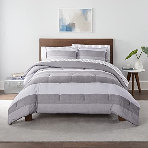Serta Simply Clean Billy Soft 7 Piece Stripe Bed In A Bag Complete Bedding Comforter Set With Sheets And Pillow Cases For All Season, King, Grey #TOP16