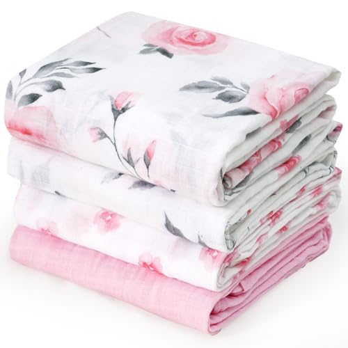 Image of david's kids 4 Pack Baby Muslin Swaddle Blankets, 100% Cotton and Ultra Soft Breathable Receiving Blanket Wrap for Boys Girls, New Born Essentials, Large 47 x 47 inches, Pink Floral